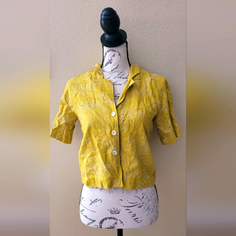 Madewell Yellow Embroidered Linen Boxy Button Down Shirt | Size XXS